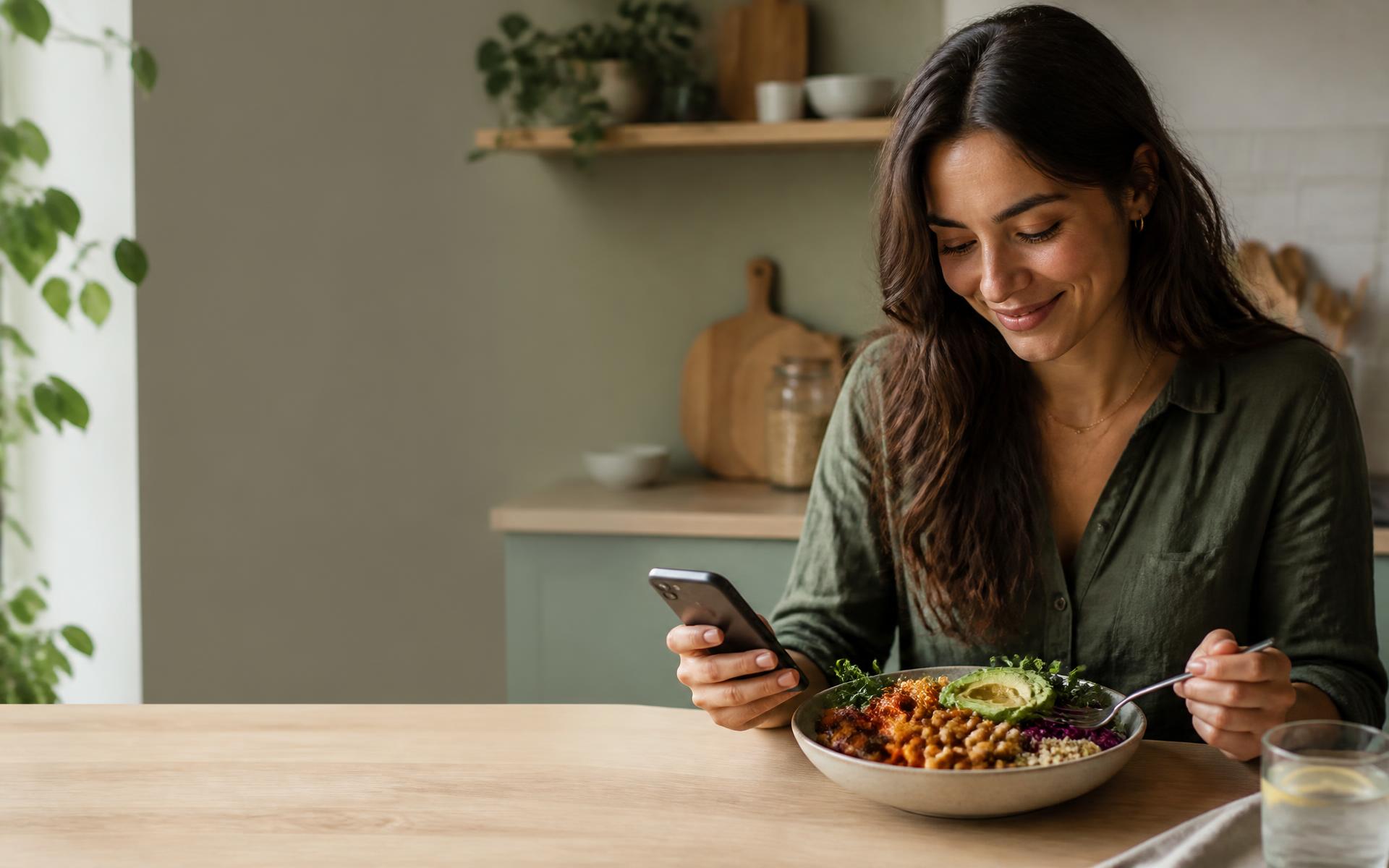Kvinne med mobilen i hånden foran en fargerik plantebasert bowl i nordisk kjøkken